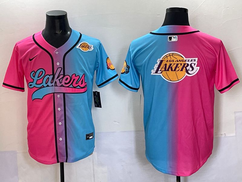 Men 2025 Los Angeles Lakers Blank Blue pink Nike Joint Name NBA Jersey style 14